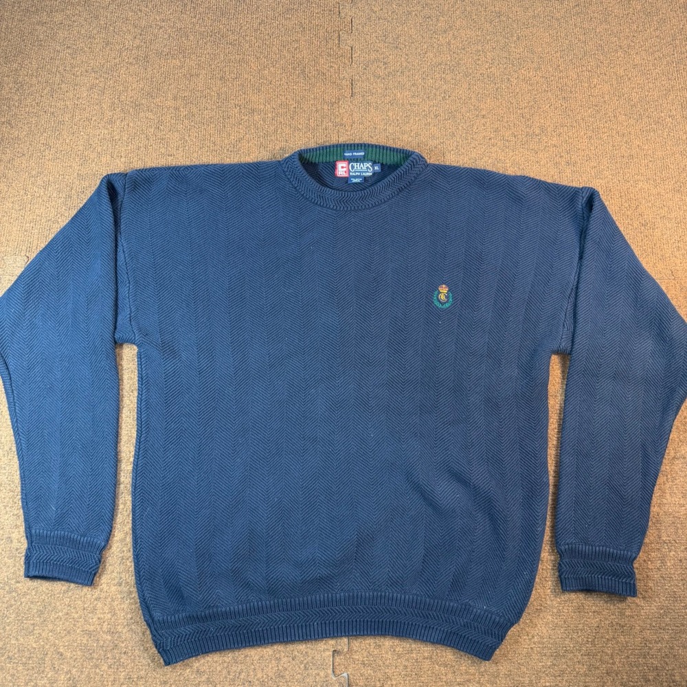 Chaps Ralph Lauren Mens Sweater XL Navy Blue Herringbone Cotton Knit Crest Logo